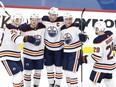 Edmonton Oilers defenceman Tyson Barrie (22) celebrates his goal against the Winnipeg Jets at Bell MTS Place on April 17, 2021.