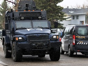 An armoured RCMP vehicle responds to a shooting incident in the northeast community of Pineridge on Thursday, April 22, 2021.