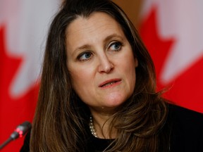 Finance Minister Chrystia Freeland takes part in a news conference in Ottawa April 20, 2021.