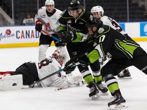 Edmonton Oil Kings' Carson Latimer (17) is stopped by Moose Jaw Warriors goaltender Adam Evanoff (39) at Rogers Place in Edmonton on Dec. 3, 2019.