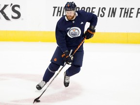 The Edmonton Oilers defenceman Adam Larsson (6) takes part in a team practice at Rogers Place, in Edmonton Friday May 14, 2021.