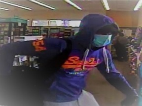 The Edmonton Police Service's Robbery Section is investigating a series of three pharmacy robberies believed to have been committed by the same suspect. At approximately 4:50 p.m., April 3, 2021, a male suspect entered a pharmacy near 61 Street and 90 Avenue. It was reported to police that a knife-wielding suspect then approached a pharmacy employee and handed her a note demanding narcotics. The pharmacist complied with the demand to open the safe, then the suspect proceeded to load an unknown quantity of narcotics into a bag, before fleeing the scene on foot.