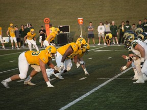 University of Alberta Golden Bears defensive lineman Cole Nelson (93), lines up against the University of Regina Rams in this supplied photo. The 24-year-old Ponoka resident was taken in the first round (fifth overall) of the Canadian Football League draft on Tuesday, May 4, 2021.