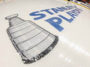 A general view of the in-ice logo during the 2019 NHL Stanley Cup playoffs at the Barclays Center on April 28, 2019.