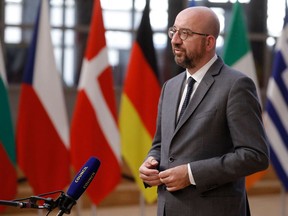 European Council President Charles Michel gives a press briefing ahead to a Special EU summit in Brussels, on May 24, 2021. - EU leaders will discuss foreign policy issues among them strategic debate on Russia and the incident involving the forced landing of a Ryanair flight in Minsk, Belarus. (Photo by Olivier HOSLET / POOL / AFP)