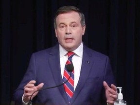 Facebook video screen grab of Alberta Premier Jason Kenney announcing new public health measures to limit the spread of COVID-19.