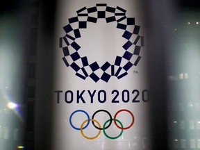 The logo of the Tokyo Olympic Games, at the Tokyo Metropolitan Government Office building in Tokyo, Japan, January 22, 2021.