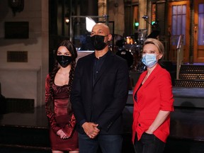 "Saturday Night Live" host Keegan-Michael Key, centre, appears in a promotional image alongside musical guest Olivia Rodrigo and cast member Kate McKinnon.