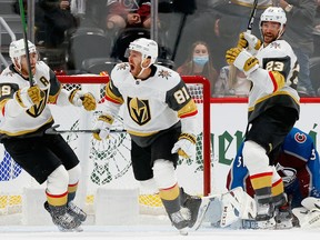 Jonathan Marchessault (81) of the Vegas Golden Knights celebrates after scoring against the Colorado Avalanche in Game 5 of their second-round playoff game at Ball Arena on June 8, 2021, in Denver.