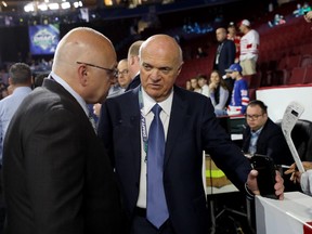 Barry Trotz (left) and Lou Lamoriello of the New Your Islanders attend the 2019 NHL draft.