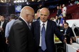 Barry Trotz (left) and Lou Lamoriello of the New Your Islanders attend the 2019 NHL draft.