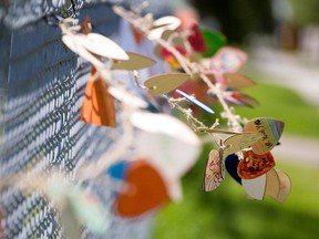 215 wooden hearts blow in the wind, outside Edmonton's Hazledean Elementary School, 6715 97 St., in honour of the child graves recently discovered at a Kamloops, B.C. residential school, Sunday June 13, 2021. Photo by David Bloom