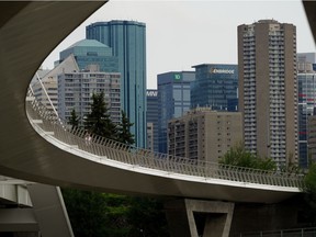 Downtown Edmonton is framed by the Walterdale Bridge on Tuesday June 15, 2021. The city is launching a 20-point Downtown Vibrancy Strategy to revitalize the neighbourhood after the impacts of the COVID-19 pandemic.