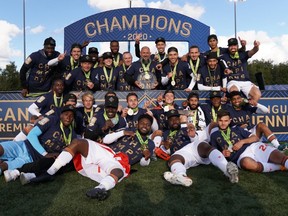 Forge FC celebrates after defeating HFX Wanderers 2-0 to win the Canadian Premier League’s Island Games championship in Charlottetown, P.E.I., on Sept. 19, 2020.