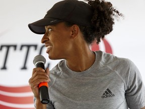 Hurdler Angela Whyte speaks during a press conference for the TrackTown Classic slated for July 15, at Foote Field in Edmonton, on Wednesday, July 13, 2016.