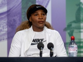 Serena Williams makes an appearance at a press conference ahead of Wimbledon at the All England Lawn Tennis and Croquet Club, London, England, Sunday, June 27, 2021.