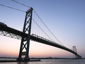 The Ambassador Bridge to Detroit, Mich., is shown in Windsor, Ont., on Saturday, April 3, 2021.