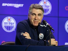 Edmonton head coach Dave Tippett is interviewed by media after an Edmonton Oilers practice at Rogers Place in Edmonton on March 10, 2020.