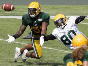 Nyles Morgan (51) and Armanti Edwards (80) battle for the ball during Edmonton Elks training camp at Commonwealth Stadium on Tuesday, July 27, 2021.