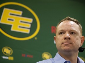 Edmonton Elks general manager and vice-president of football operations Brock Sunderland speaks to media about changes in the team’s coaching and football operations during a news conference at Commonwealth Stadium on Jan. 3, 2019.