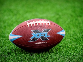 An XFL football on the field before the game between the Dallas Renegades and the St. Louis Battlehawks at Globe Life Park.