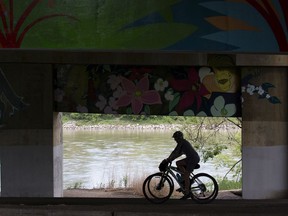 Cyclists use a trail under the James MacDonald Bridge on Tuesday, June 15, 2021 in Edmonton.