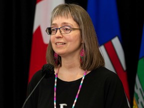 Dr. Deena Hinshaw, Alberta chief medical officer of health, gives her final regularily scheduled COVID-19 update during a press conference at the Federal Building in Edmonton, on Tuesday, June 29, 2021.