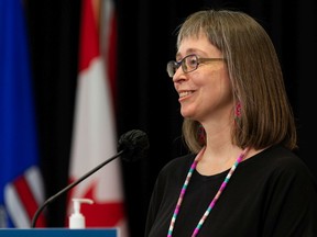 Dr. Deena Hinshaw, Alberta chief medical officer of health, gives her final regularily scheduled COVID-19 update during a news conference at the Federal Building in Edmonton on June 29, 2021.