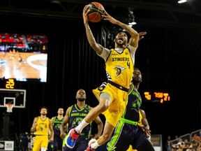 Edmonton Stingers' Xavier Moon goes for a layup against the Niagara River Lions during first half CEBL action at Edmonton Expo Centre on Friday, July 2, 2021.