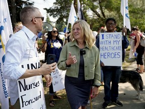 Alberta NDP Opposition Leader Rachel Notley met with approximately 100 nurses and supporters who staged a protest rally outside the Sturgeon Community Hospital in St. Albert, Alberta on Monday July 26, 2021. They were protesting staff shortages and bed closures at the hospital.