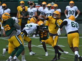Edmonton Elks quarterback Trevor Harris throws a pass during the team's lone scrimmage of training camp at Commonwealth Stadium in Edmonton on Sunday, July 25, 2021.