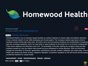 A screenshot of Homewood Health's data, with a link to a sample, listed for sale on Marketo's website before it was removed.