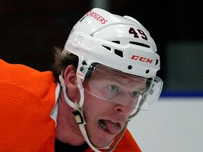 Edmonton Oilers winger Tyler Benson at training camp in Edmonton on Jan. 6, 2021.