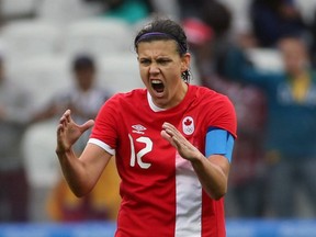 Christine Sinclair of Canada celebrates a goal at the 2016 Rio Olympics.