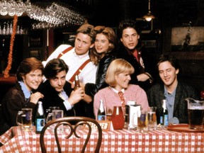 The cast of St. Elmo's Fire L-R: Ally Sheedy, Judd Nelson, Emilio Estevez, Demi Moore, Mare Winningham, Rob Lowe and Andrew McCarthy.