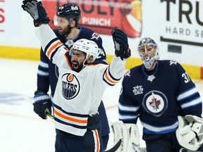 Edmonton Oilers forward Jujhar Khaira celebrates his goal against the Winnipeg Jets in Game 3 of their Stanley Cup playoff series in Winnipeg on May 23, 2021.