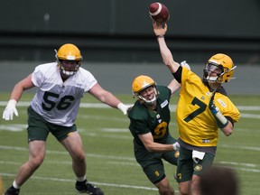 Edmonton Elks quarterbackTrevor Harris throws during training camp on July 11, 2021, in Edmonton.