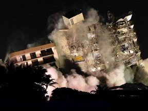 The partially collapsed Champlain Towers South residential building is demolished in Surfside, Florida, U.S., July 4, 2021.