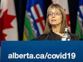 Dr. Deena Hinshaw, Alberta's chief medical officer of health, gives a COVID-19 pandemic update from the media room at the Alberta legislature in Edmonton on July 28, 2021.