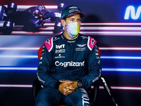 Second placed Sebastian Vettel of Germany and Aston Martin F1 Team talks in the press conference after the F1 Grand Prix of Hungary at Hungaroring on August 01, 2021 in Budapest, Hungary.