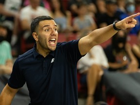 Niagara River Lions head coach and general manager Victor Raso directs his players against the Edmonton Stingers at the Edmonton Expo Centre on July 2, 2021.
