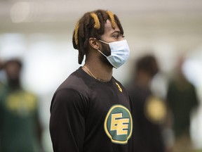 Brian Walker takes part in an Edmonton Elks team practice inside the field house at Commonwealth Community Recreation Centre in Edmonton on July 17, 2021.