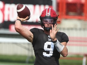 Dakota Prukop throws during Calgary Stampeders practice at McMahon Stadium in Calgary on July 24, 2021.