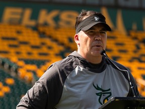 Head coach and offensive co-ordinator Jaime Elizondo speaks to media at the end of training camp at Commonwealth Stadium on July 29, 2021.