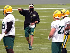 Edmonton Elks head coach Jaime Elizondo gives instructions during practice in Edmonton on July 15, 2021.