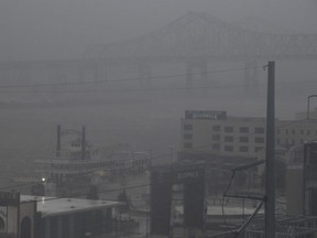 Rain batters downtown New Orleans after Hurricane Ida made landfall in Port Fourchon, 100 miles (160 km) south of New Orleans on Sunday, Aug. 29, 2021.