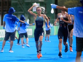 Flora Duffy, of Bermuda, races on the way to gold at Odaiba Marine Park during the Tokyo 2020 Olympics on July 27, 2021.