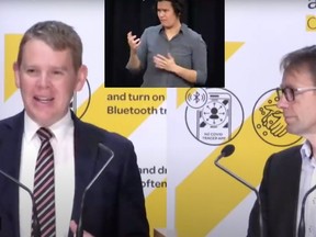 New Zealand's COVID-19 response minister, Chris Hipkins (left), made an unfortunate slip of the tongue on Sunday, telling residents they should socially distance when they "spread their legs."