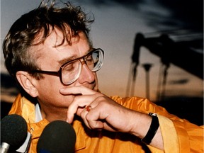Edmonton Mayor Laurence Decore wipes away tears as he tries to talk to the media during his tour of the devastation at the Evergreen Mobile Home Park. On Friday, July 31, 1987, a massive tornado hit Edmonton killing  27 people and injured hundreds. It also caused more than $330 million in property damage.