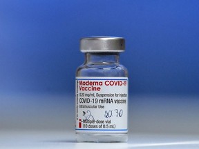 A Moderna COVID-19 vaccine vial is pictured at St. Mary's Hospital, in Phoenix Park in Dublin, Ireland, Feb. 14, 2021.